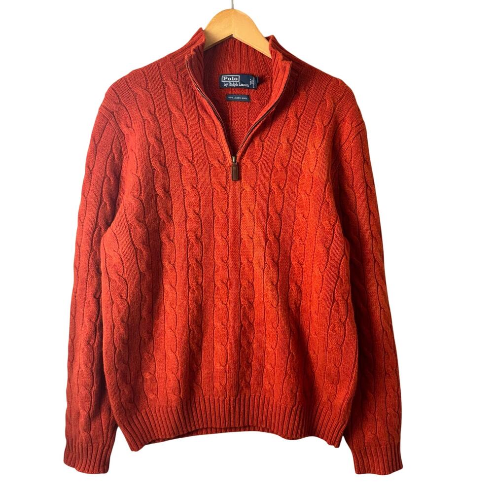 VTG Polo Ralph Lauren 100% Lambs Wool Cable Knit 1/4 Zip Sweater Mens Large Red